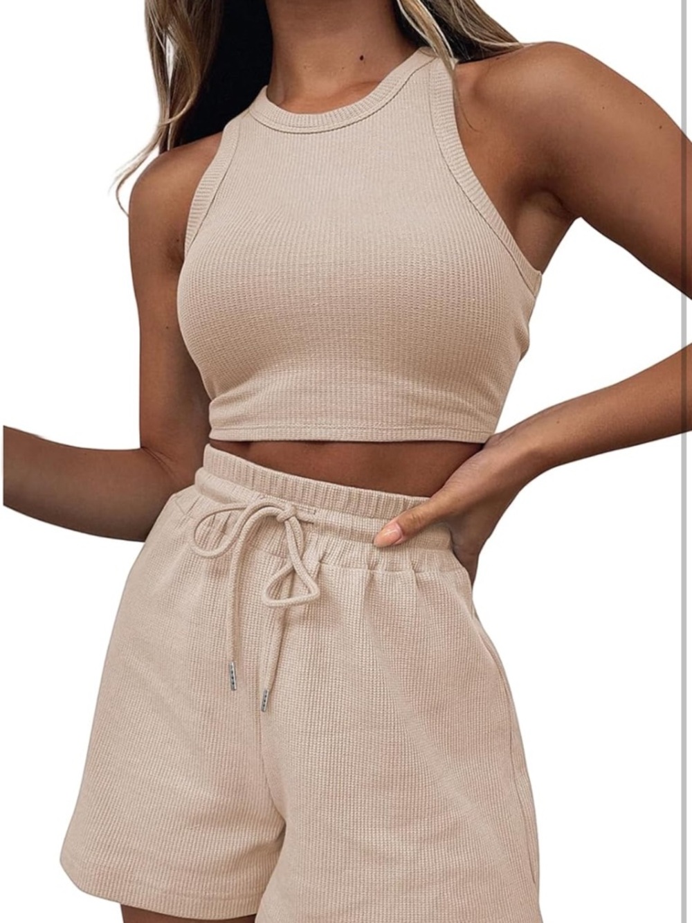 Ribbed Cropped Tank & Drawstring Shorts Set - Beige